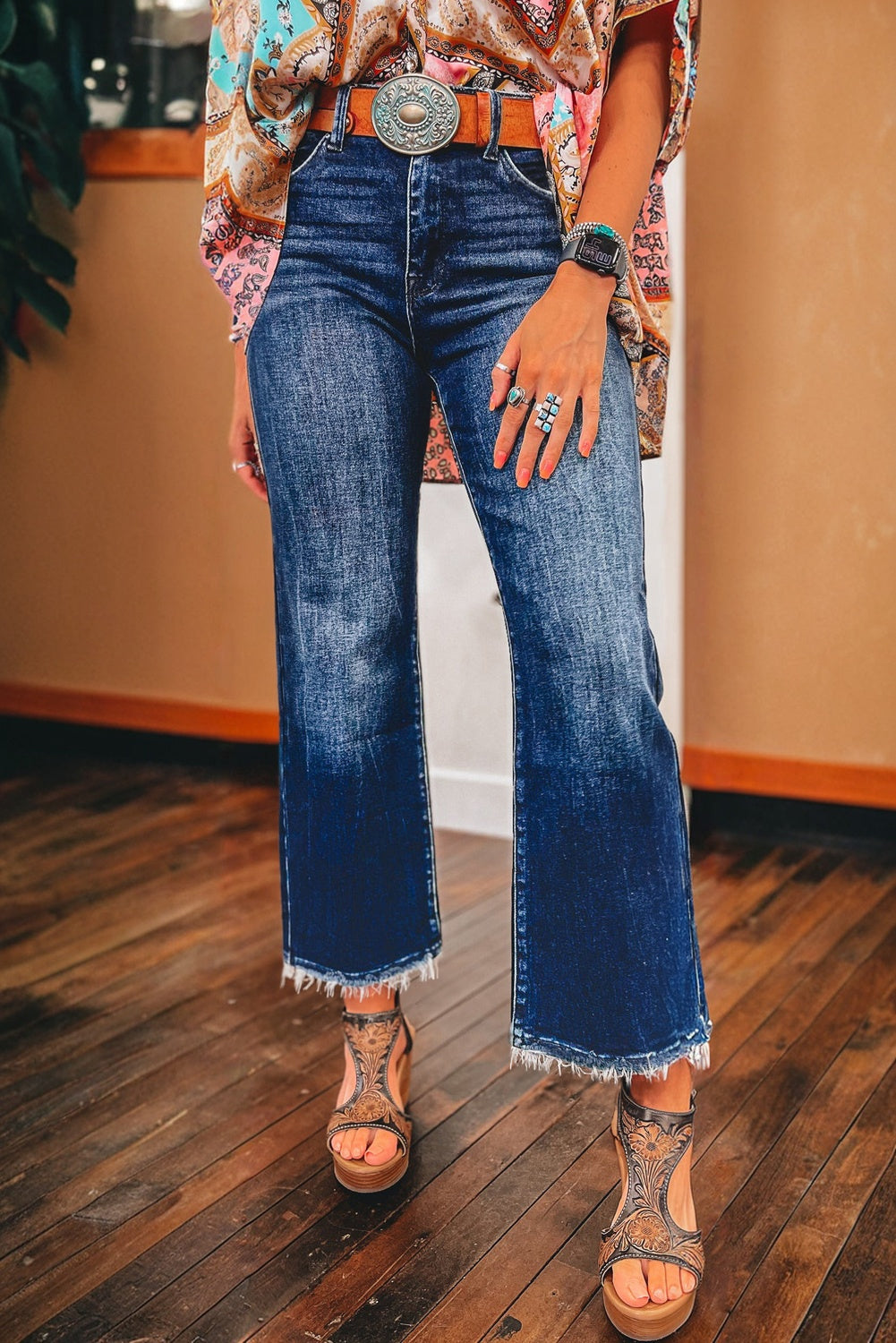 Sail Blue Mineral Wash Raw Hem High Waist Flared Jeans 🇨🇳