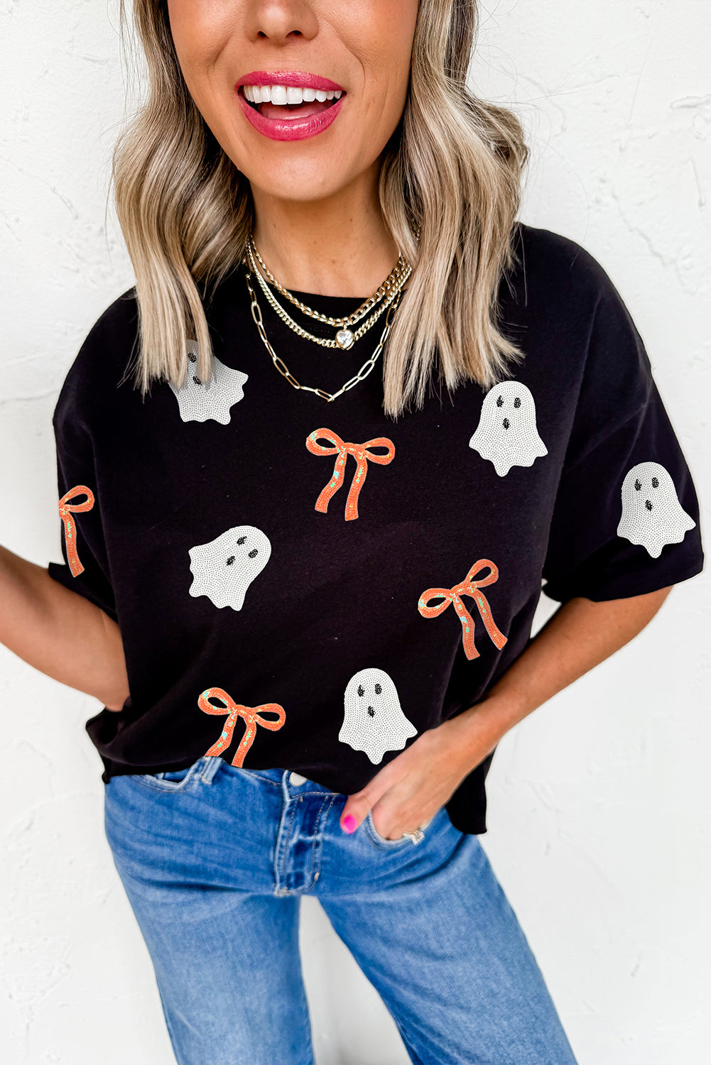 Black Sequin Bow Ghost Patched Halloween Graphic Tee πΊπΈ