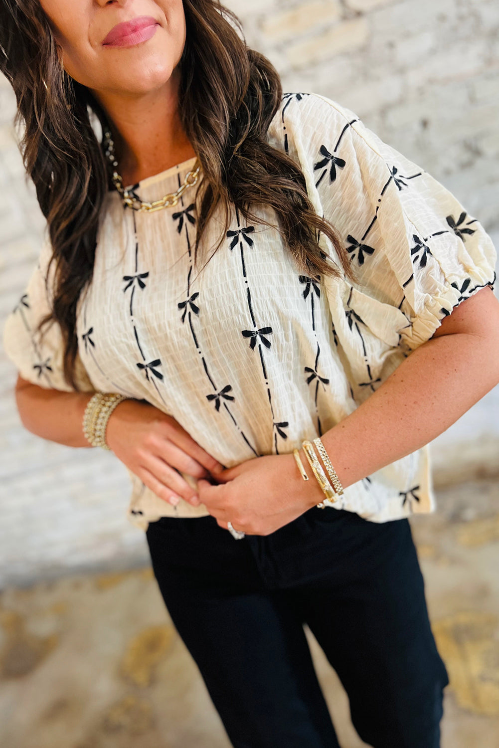 Beige Bow Print Puff Short Sleeve Top πΊπΈ