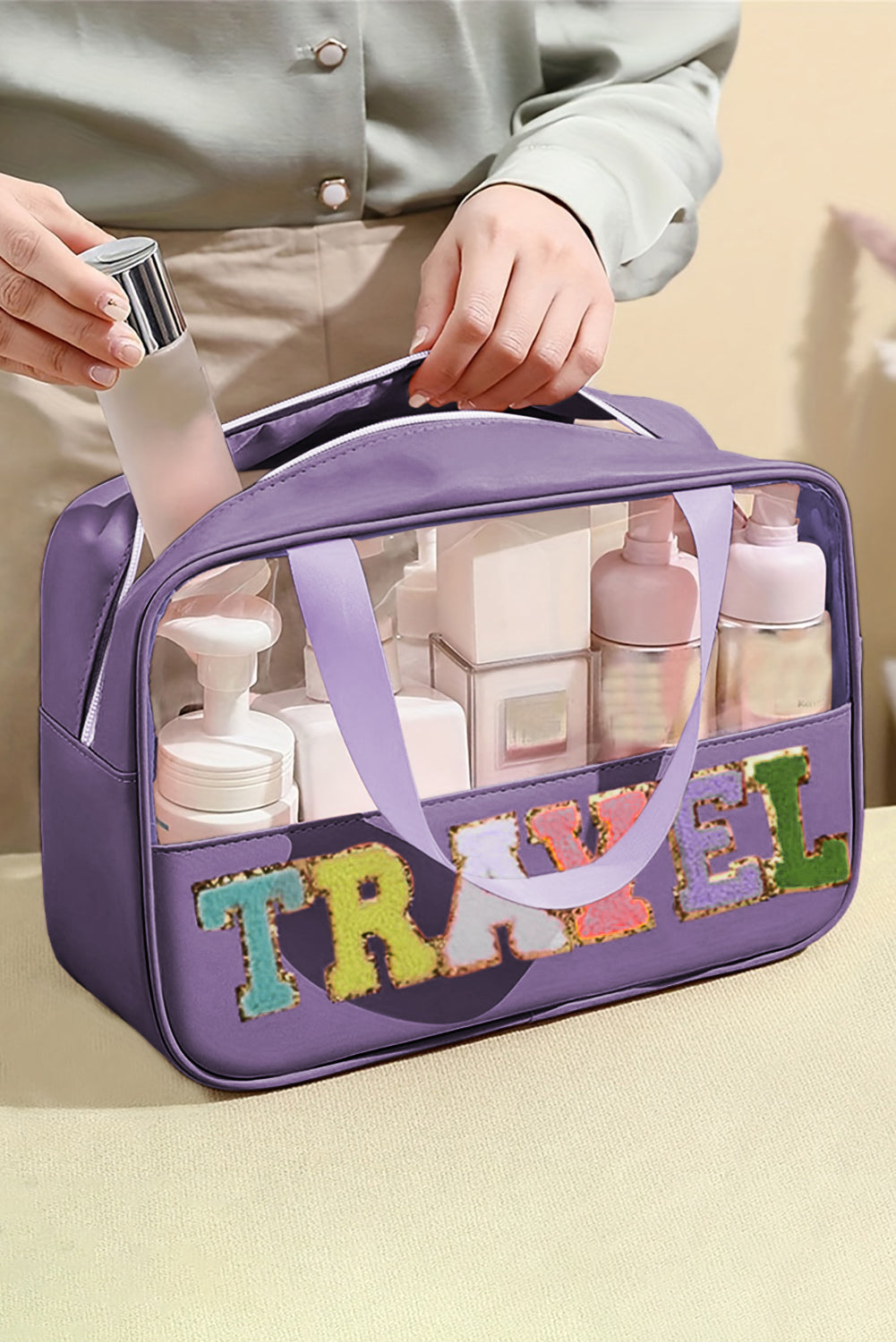 Purple TRAVEL Chenille Letter Clear PVC Makeup Bag πΊπ²