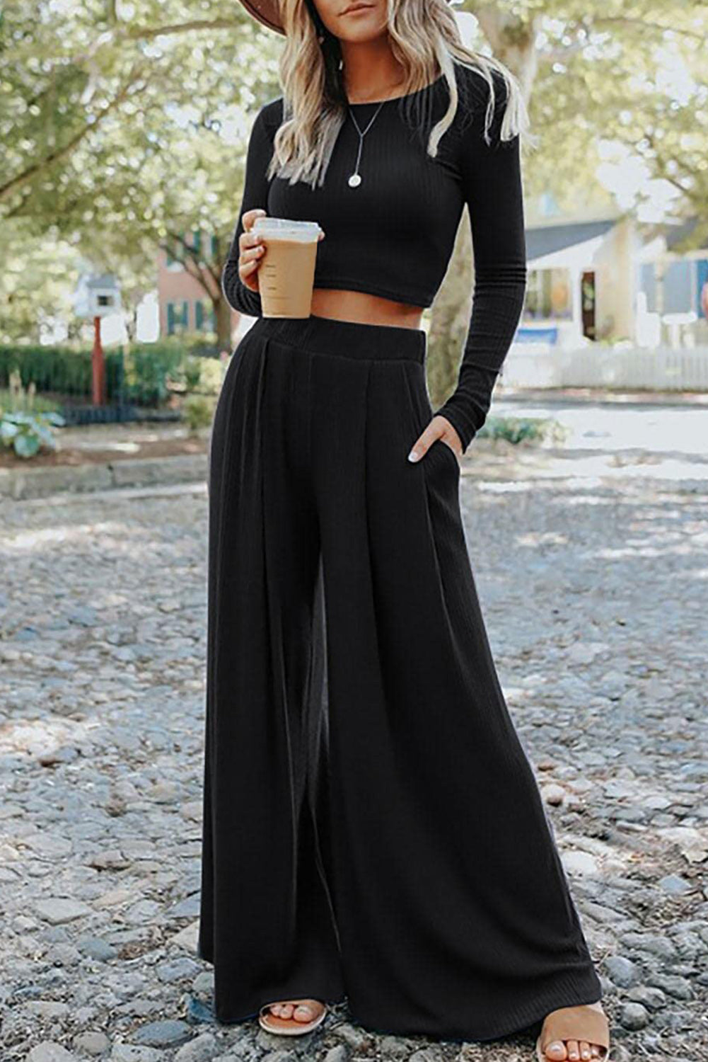 Black Solid Color Ribbed Crop Top Long Pants Set 🇨🇳