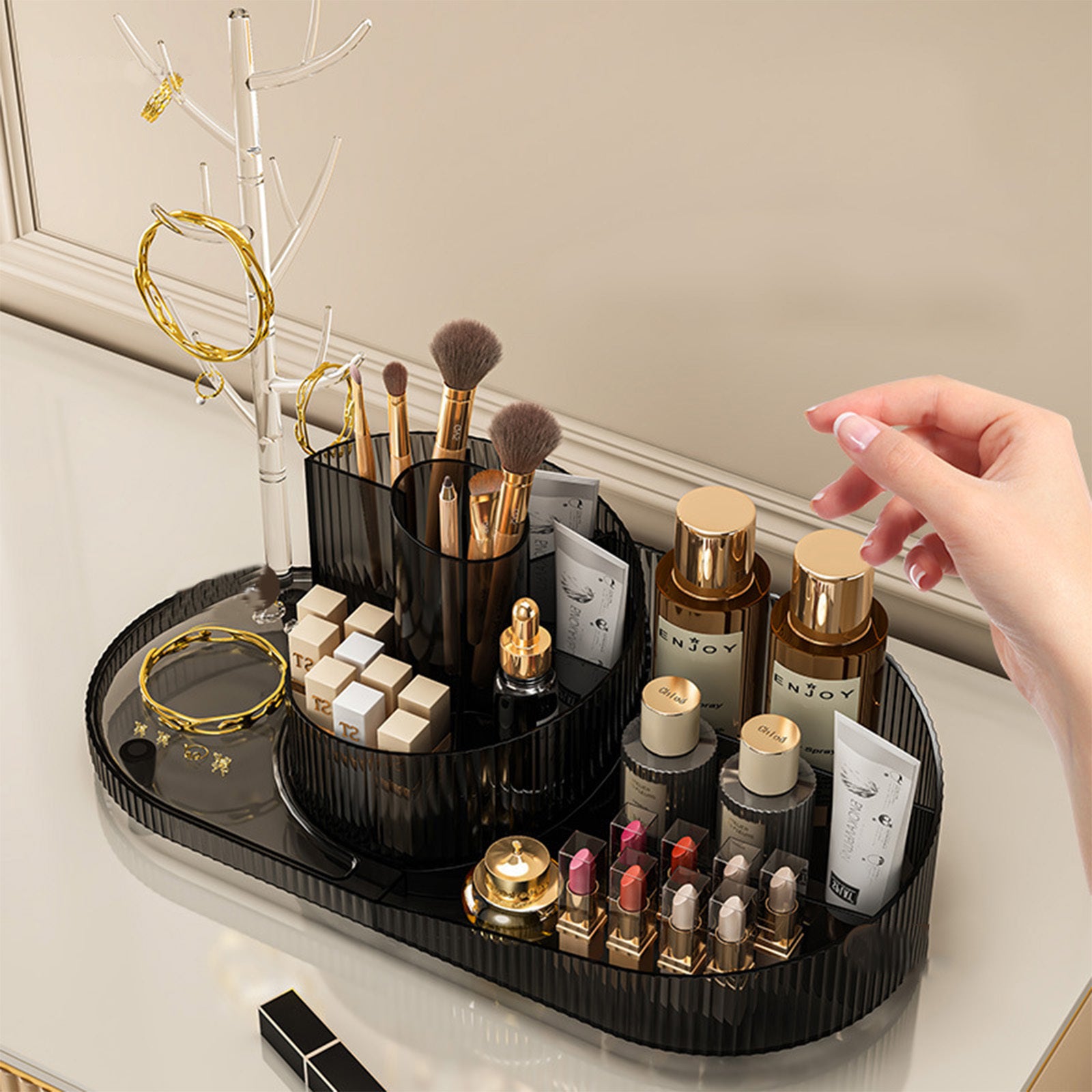 Rotating Makeup Organizer With Jewelry Storage Large Capacity Cosmetic Display Case Holds 20 Brushes, 10 Lipsticks, 8 Skincare Products 360 Spinning Vanity Organizer For Countertop & Bathroom 🇨🇳