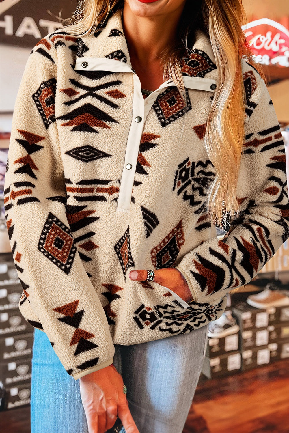 Beige Western Aztec Half Zip Plush Sweatshirt πΊπΈ