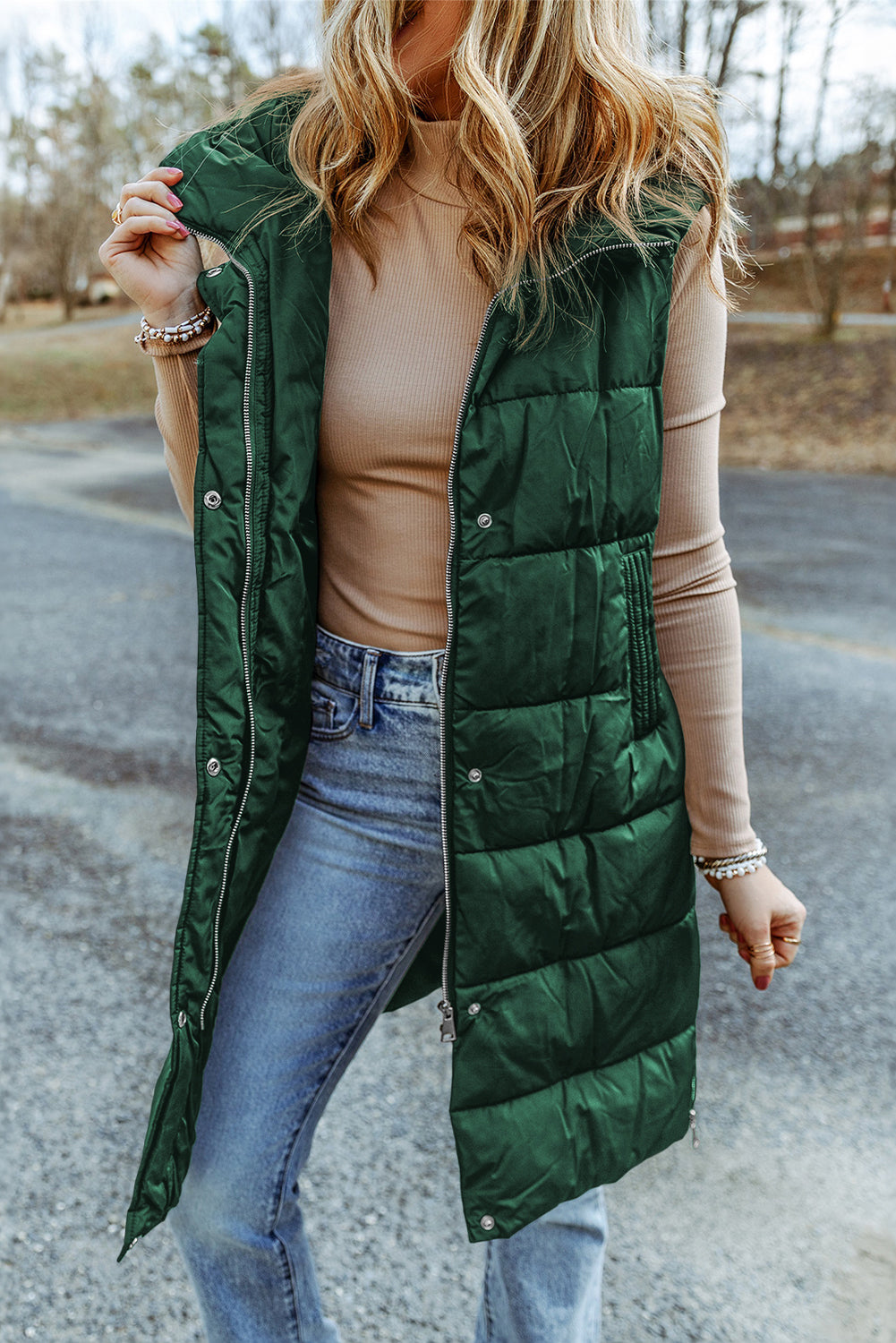 Green Hooded Long Quilted Vest Coat πΊπΈ