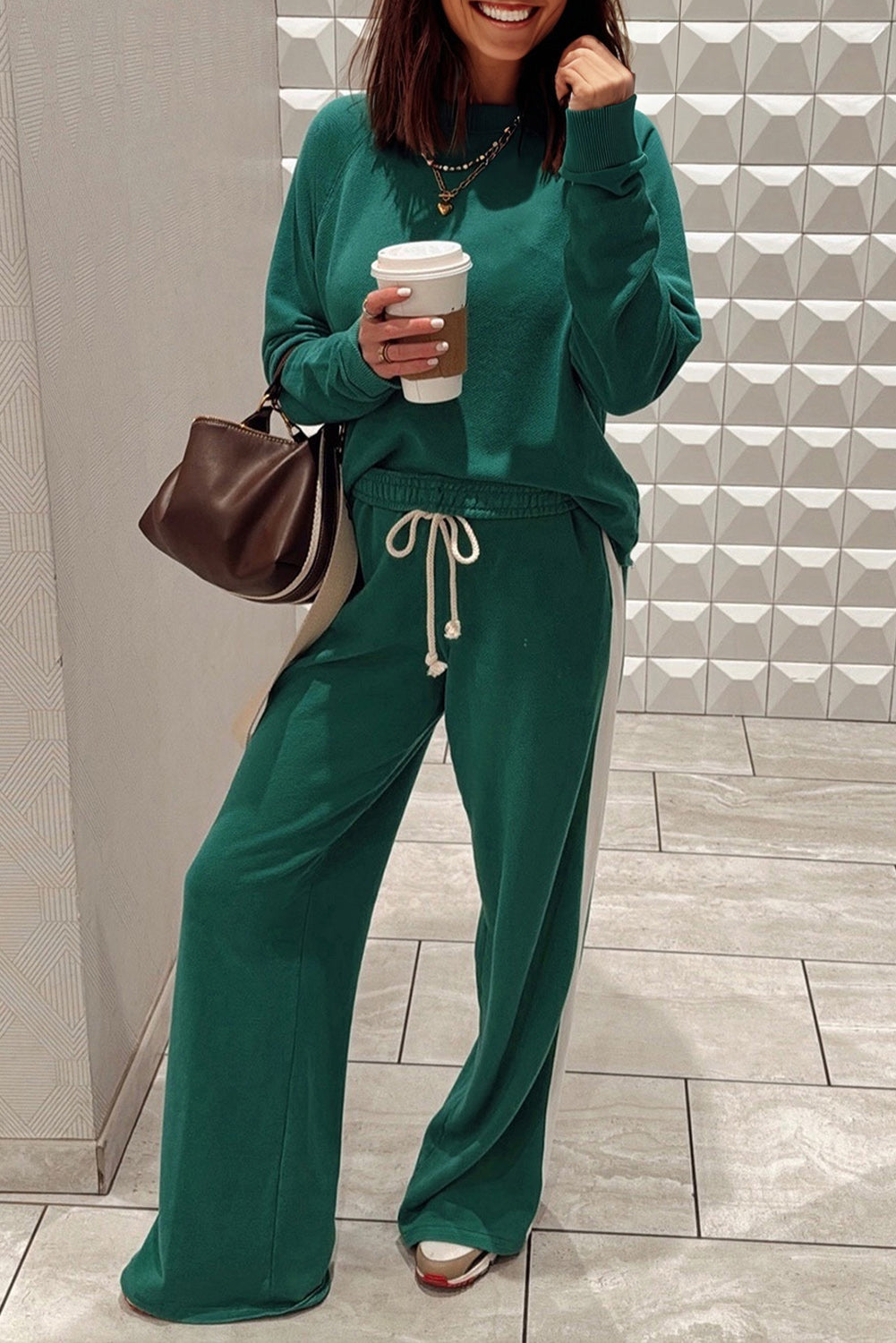 Sea Green Solid Color Pullover Top Varsity Stripe Detail Loose Drawstring Pants Set πΊπΈ