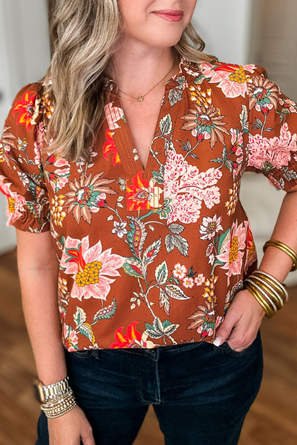 Brown Floral Stitched V Neck Frilled Trim Puff Short Sleeve Blouse 🇨🇳
