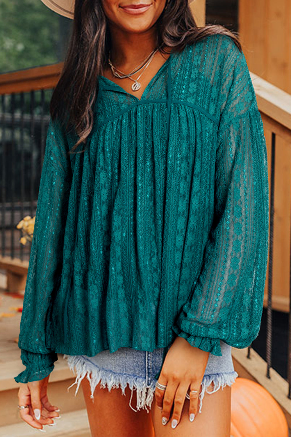 Evergreen Sheer Lace Balloon Sleeve Babydoll Blouse πΊπΈ