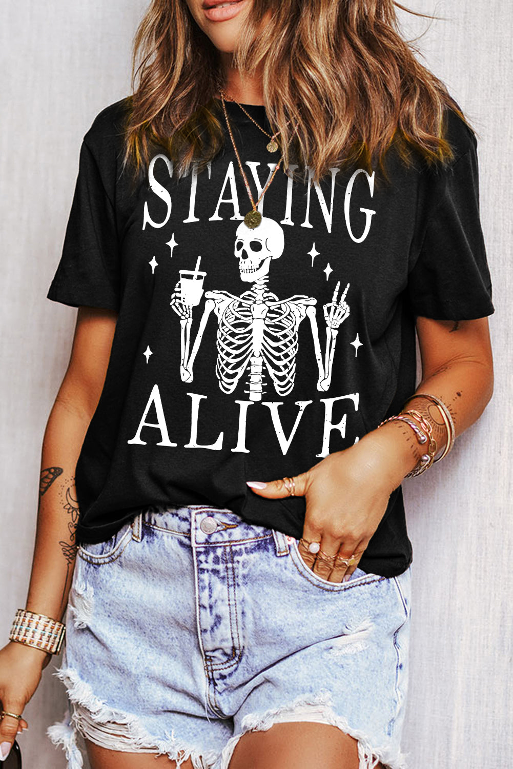 Black STAYING ALIVE Funny Skeleton Print Round Neck T Shirt πΊπΈ