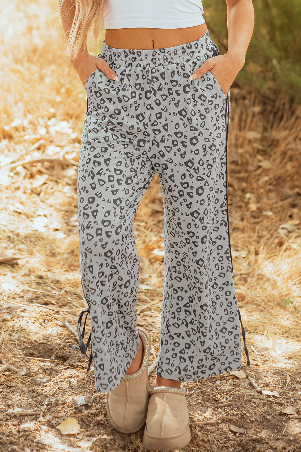 Gray Leopard High Waist Side Bow Straight Leg πΊπΈ