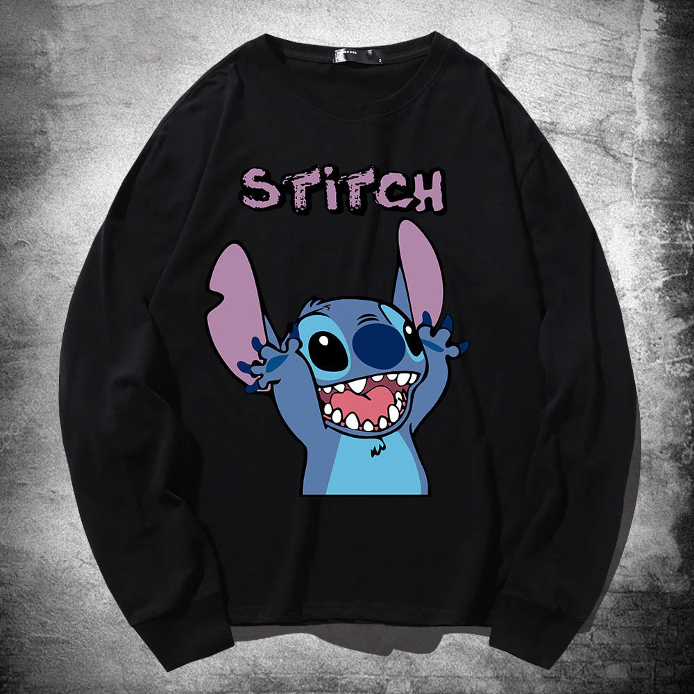 Stitch Long Sleeved T Shirt For Men and Women, Thin Pure Cotton, Loose Fitting, Like Couples Outfit, Round Neck Base Shirt, Clothes On Top 🇨🇳