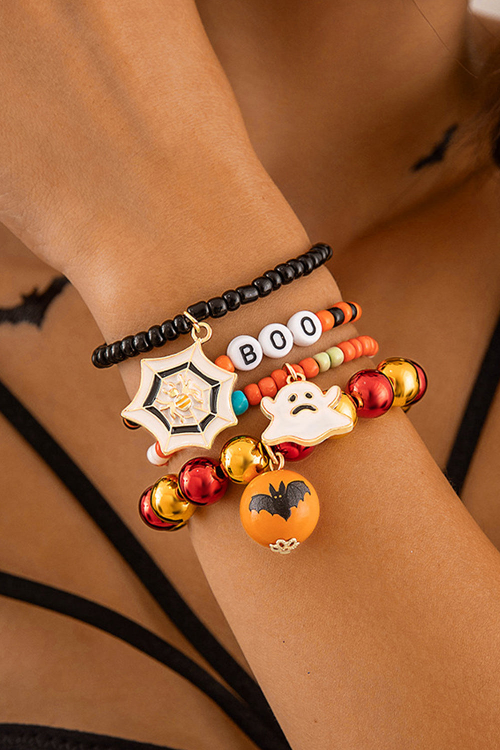 Orange 4pcs Halloween Ghost Spider Web Beaded Bracelet Set πΊπΈ
