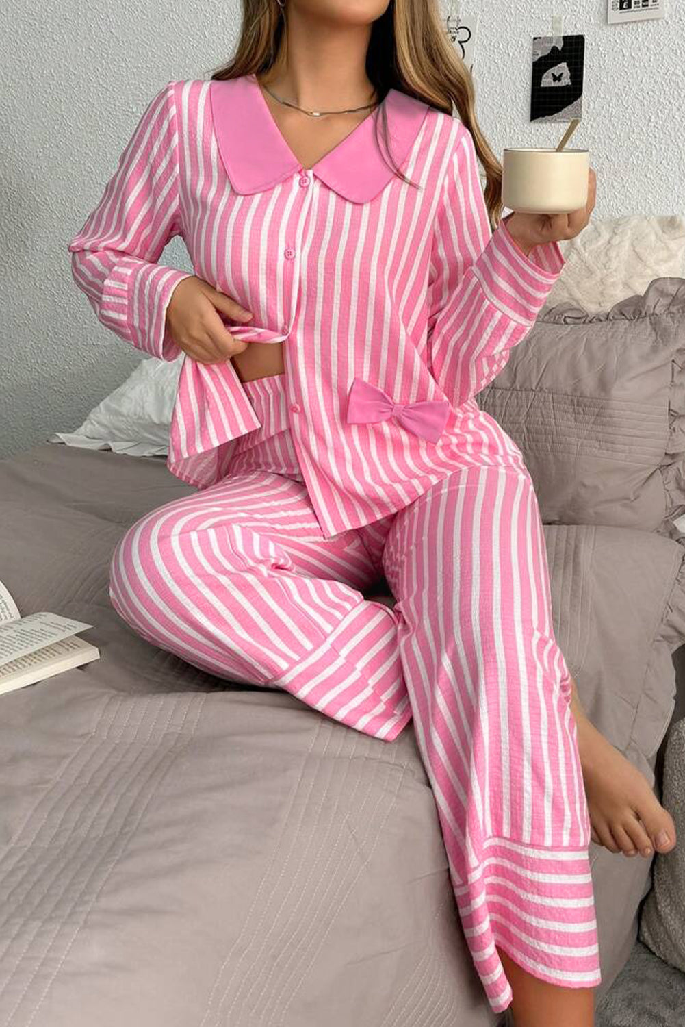 Pink Stripe Buttoned Front Long Sleeve Top and Pants 2 Piece Sleepwear πΊπΈ