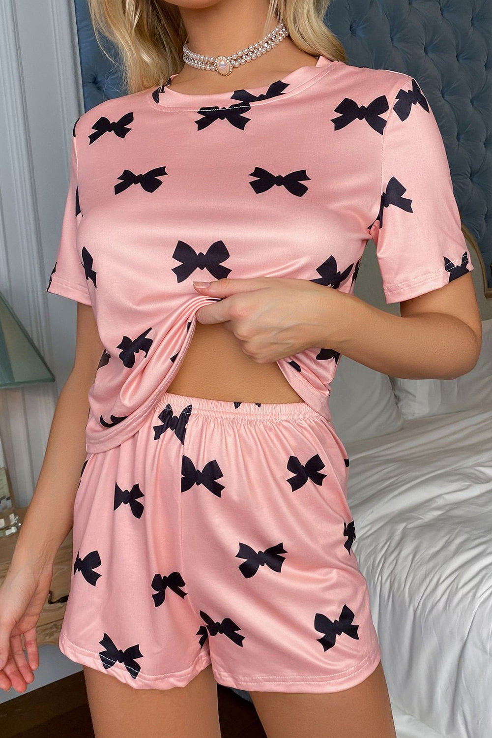 Pink Bow Printed Short 2pcs Lounge Set 🇨🇳