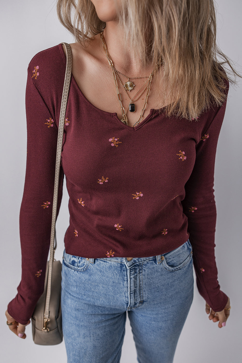Burgundy Notched Neck Floral Print Ribbed Long Sleeve Top πΊπ²