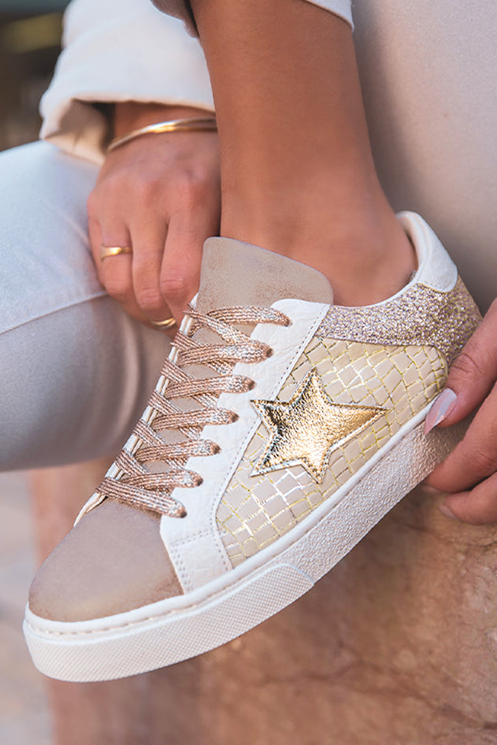 Gold Glitter Star Patchwork PU Leather Lace-up Sneakers πΊπΈ