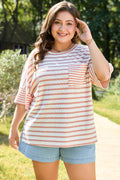 Pink Stripe Waffle Knit Pocketed Half Sleeve Plus Size T Shirt 🇨🇳