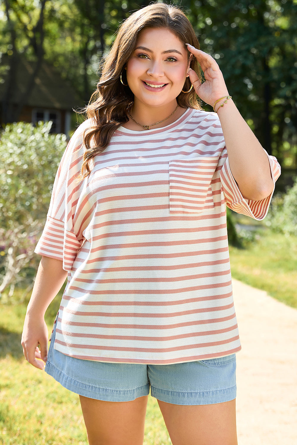 Pink Stripe Waffle Knit Pocketed Half Sleeve Plus Size T Shirt 🇨🇳