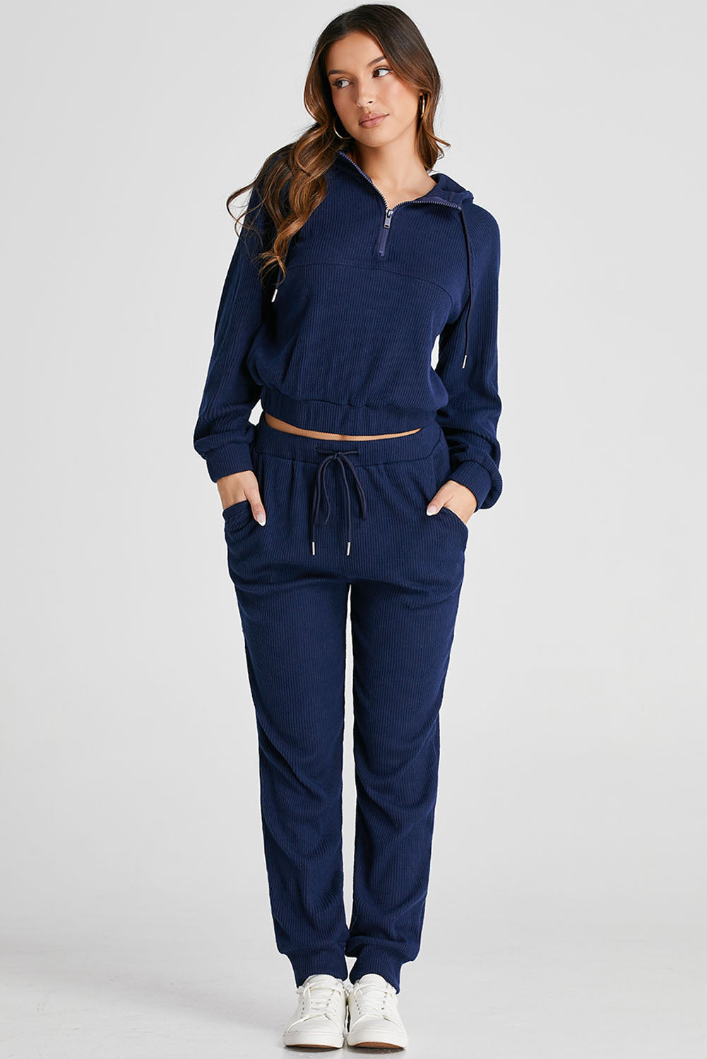 Navy Blue Ribbed Knit Cropped Hoodie and Drawstring Joggers Set 🇺🇲