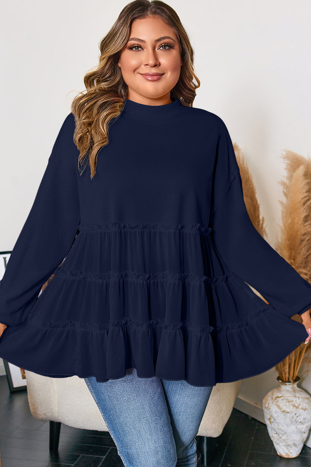 Navy Blue Tiered Ruffle Ribbed Crew Neck Pullover Plus Size Top 🇺🇸