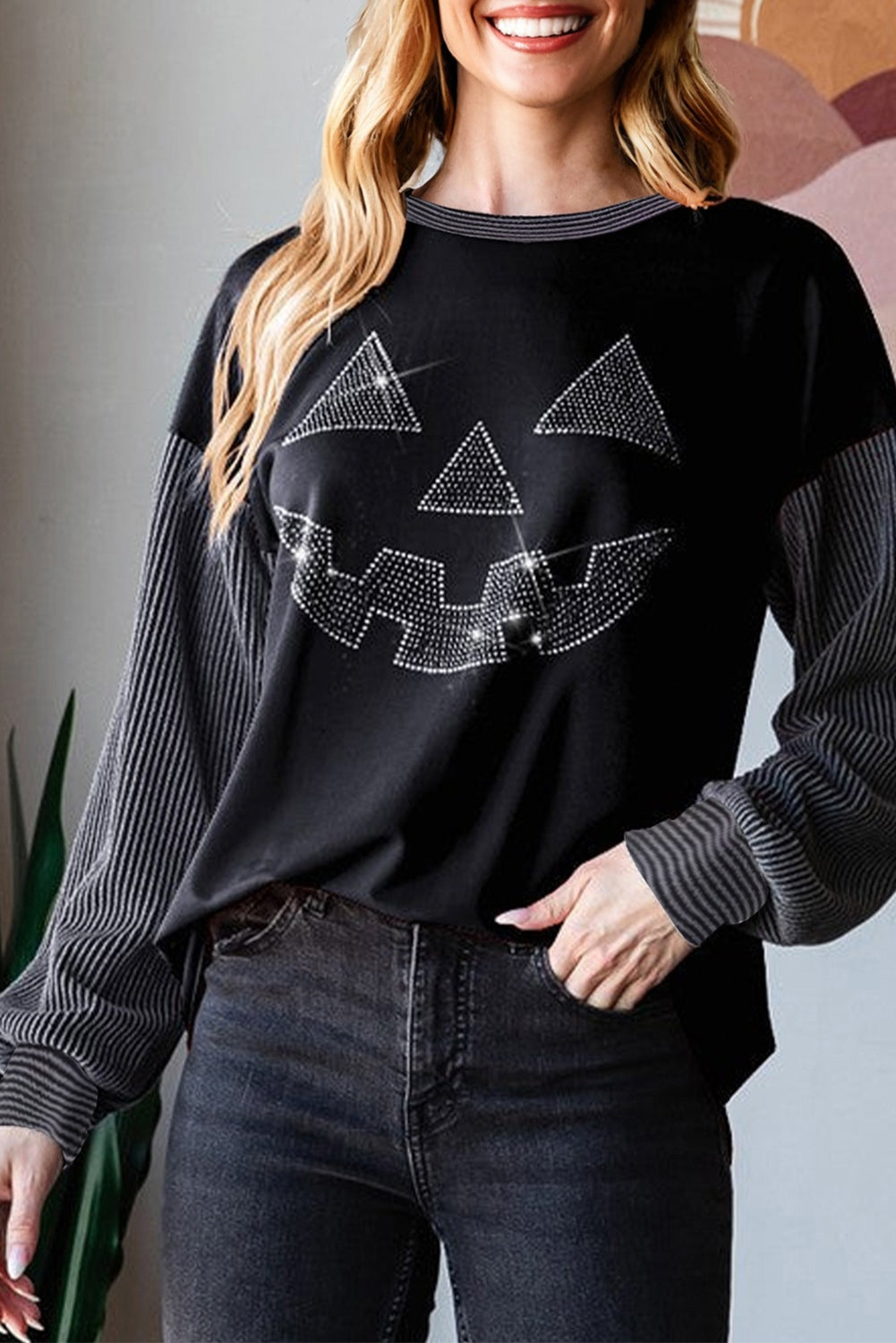 Black Halloween Rhinestone Pumpkin Face Contrast Ribbed Long Sleeve Patchwork Top 🇺🇸