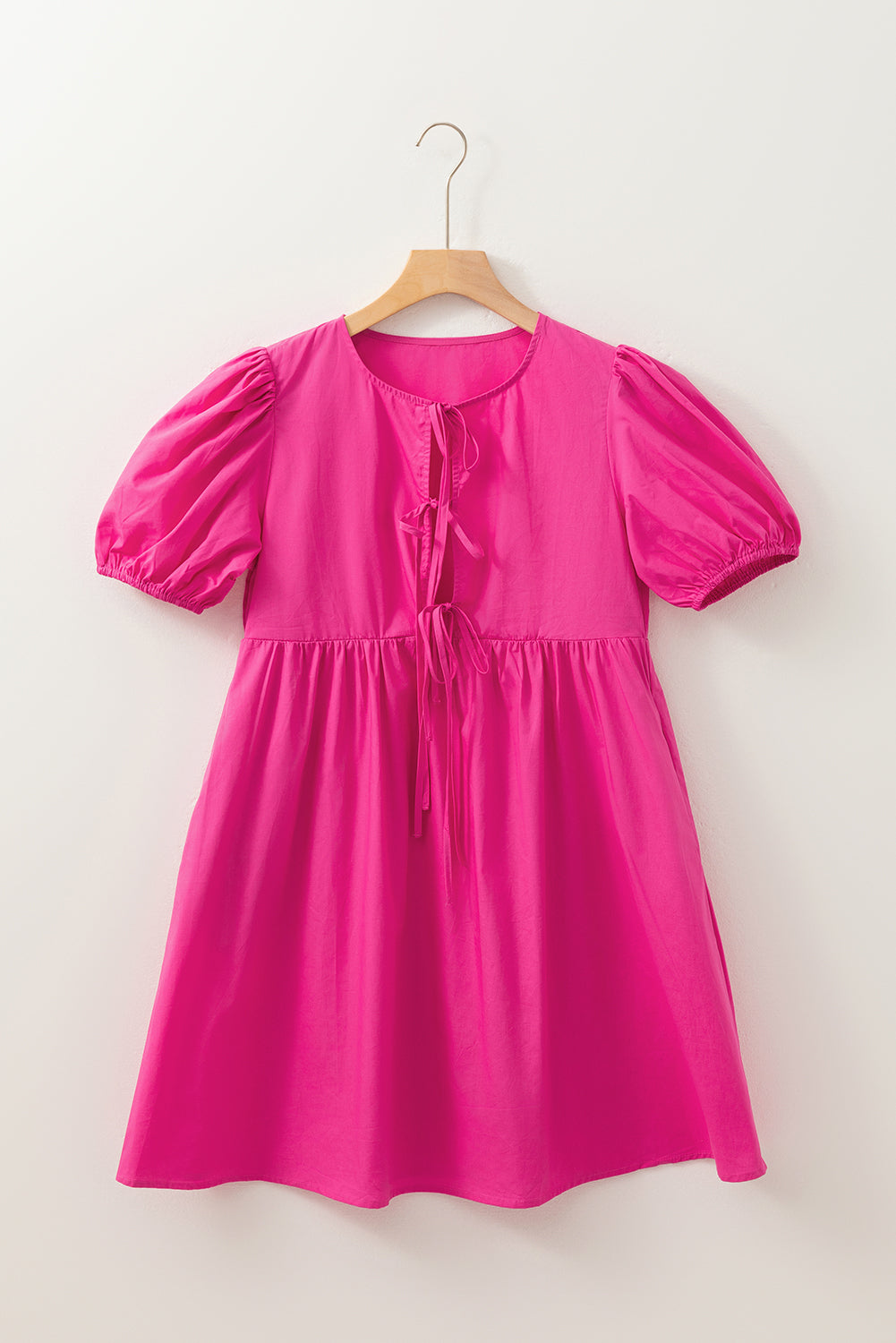 Bright Pink Solid Color Puff Sleeve Tie Front High Waist Mini Dress 🇺🇸
