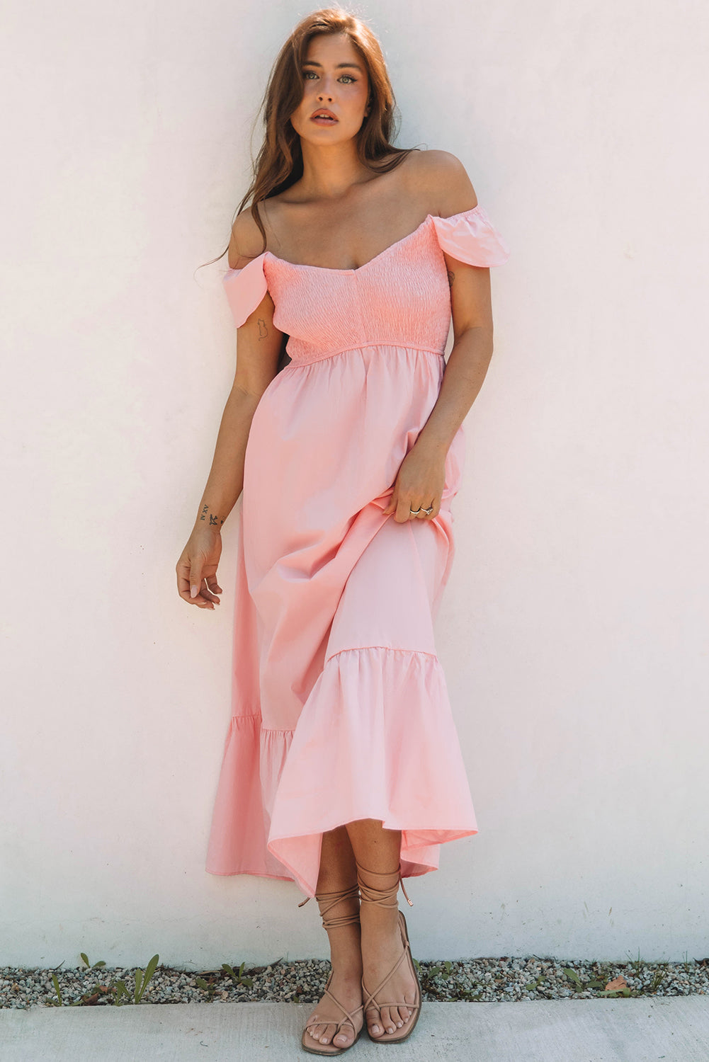 Pink V Neck Flutter Sleeve Smocked Bodice High Waist Ruffle Maxi Dress 🇨🇳