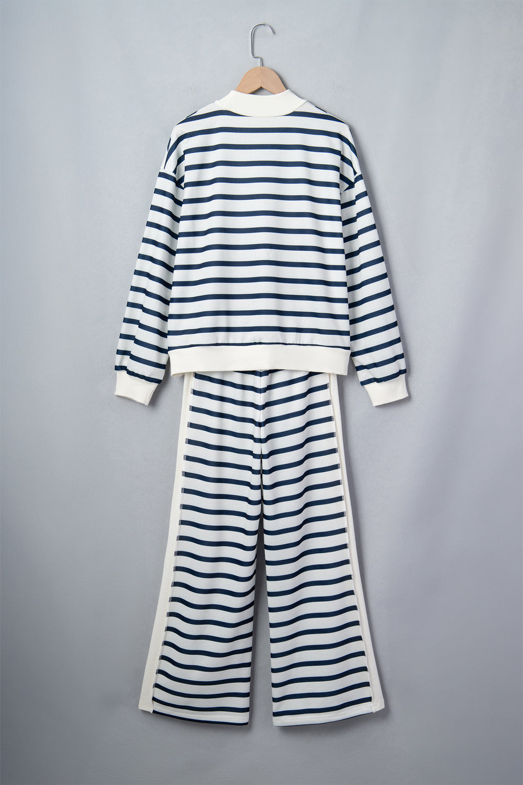 Blue Stripe Striped Ribbed Cuff Collar Pocket Loose Pant Set 🇺🇸