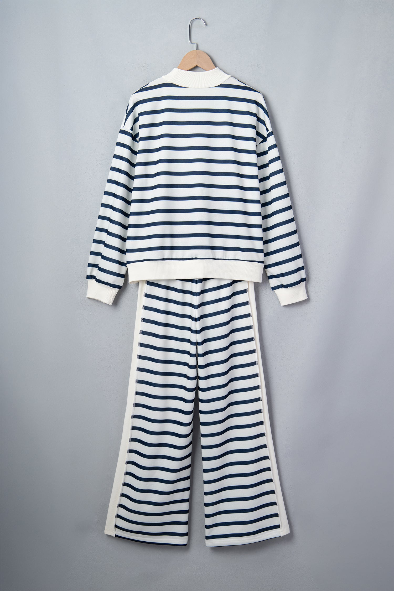 Blue Stripe Striped Ribbed Cuff Collar Pocket Loose Pant Set 🇺🇸