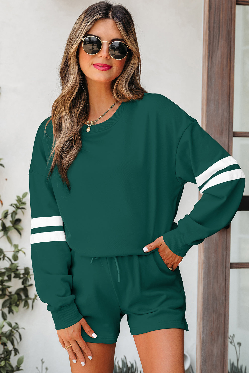 Evergreen Varsity Striped Sleeve Drop Shoulder Sweatshirt and Short Set 🇺🇲