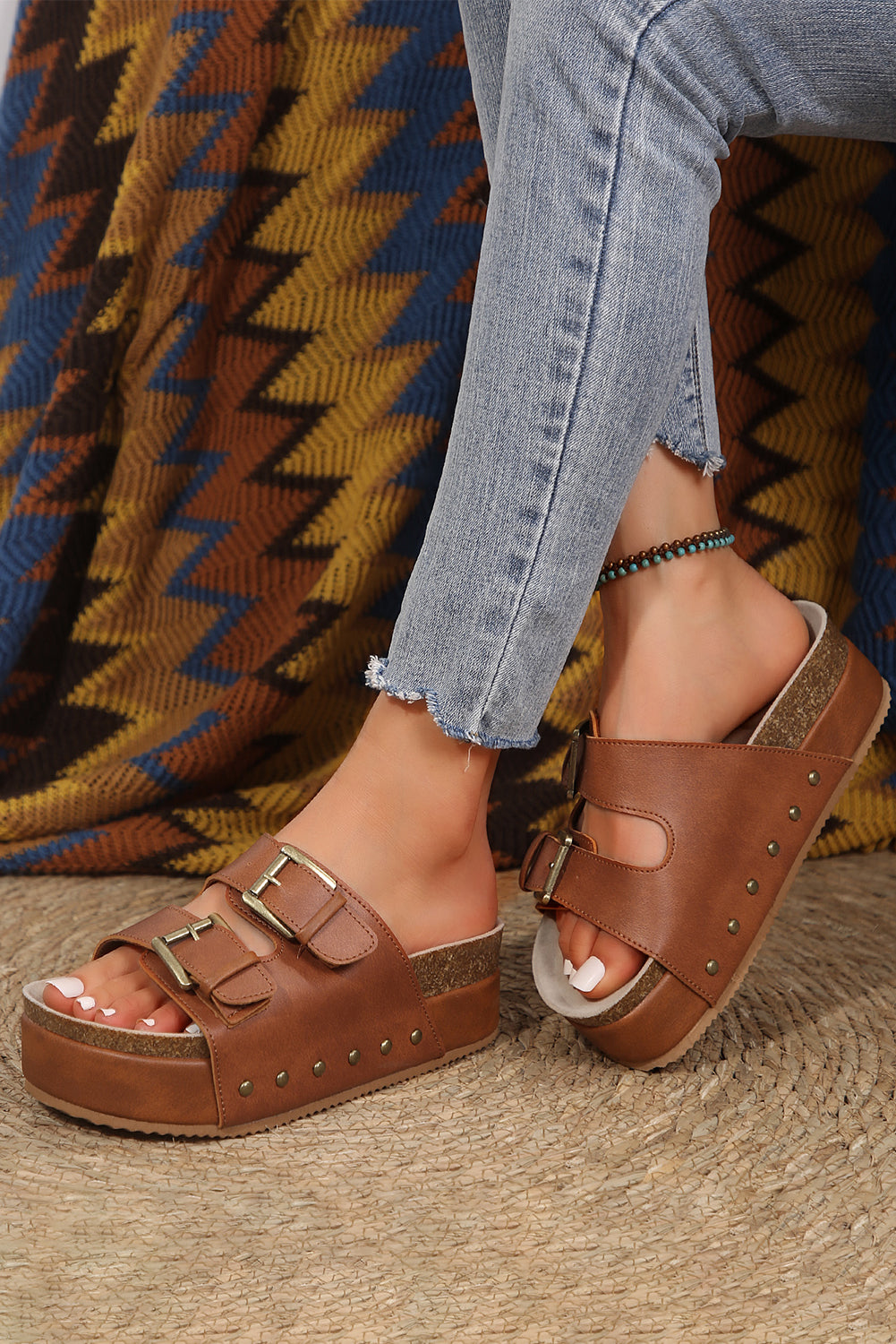 Chestnut Dual Buckle Studded Platform Sandal Slippers 🇨🇳