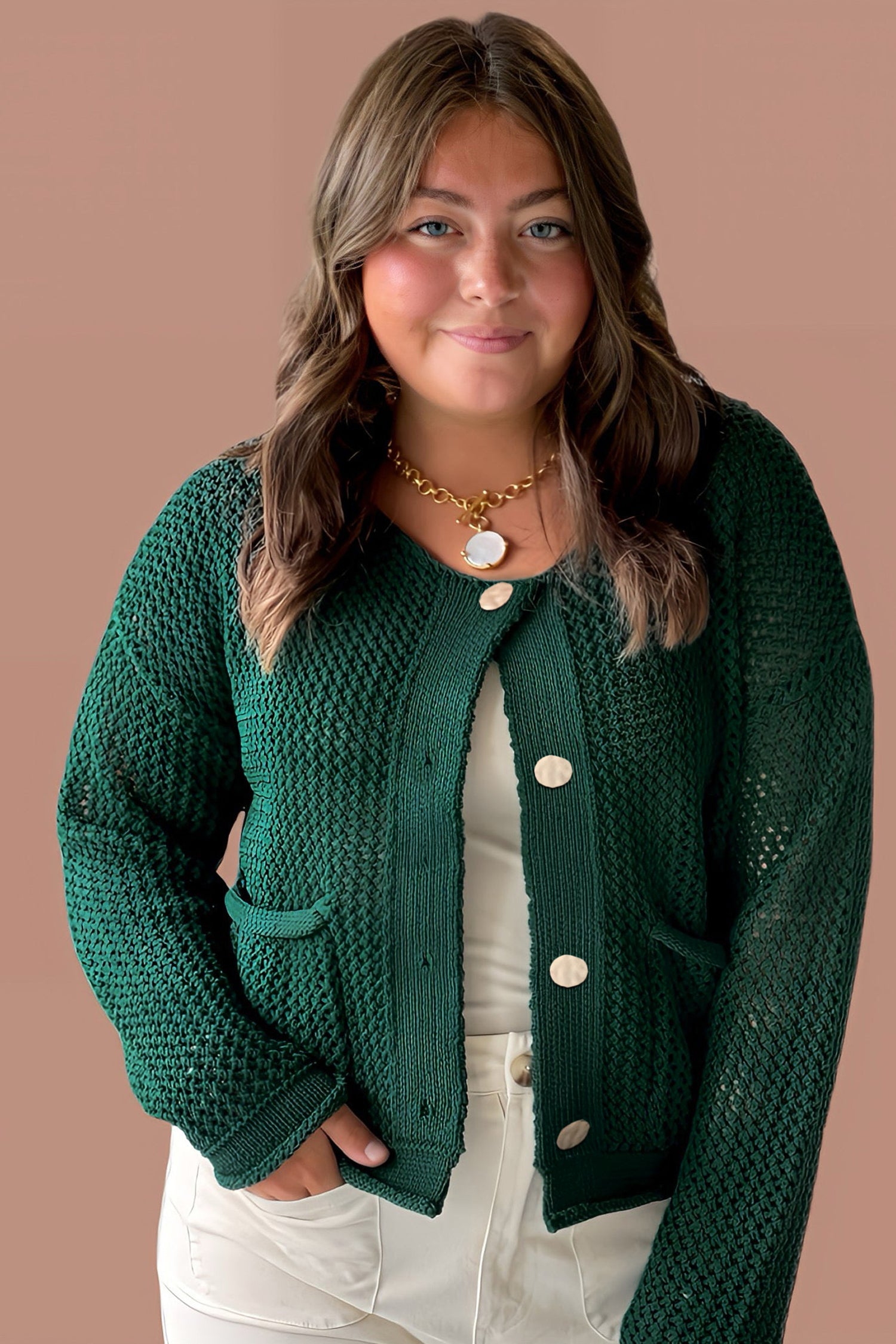 Blackish Green Plus Size Golden Accent Buttons Short Sweater Cardigan 🇺🇸