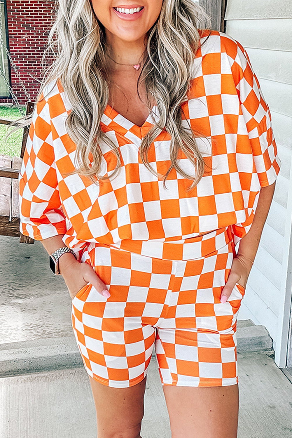 Orange Checkerboard Print V Neck Loose Tee and Shorts Lounge Set 🇨🇳