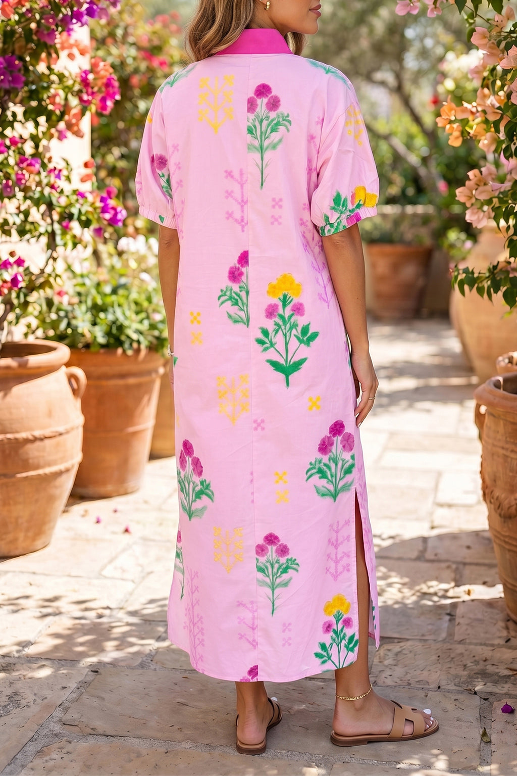 Pink Floral Print Short Sleeve Colorblock Trim V Neck Midi Dress 🇺🇸