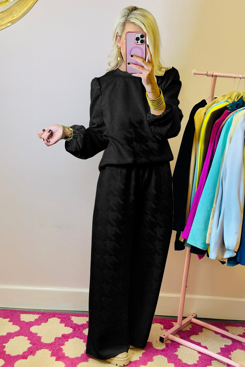 Black Textured Puff Sleeve Top and Pants Set 🇺🇲