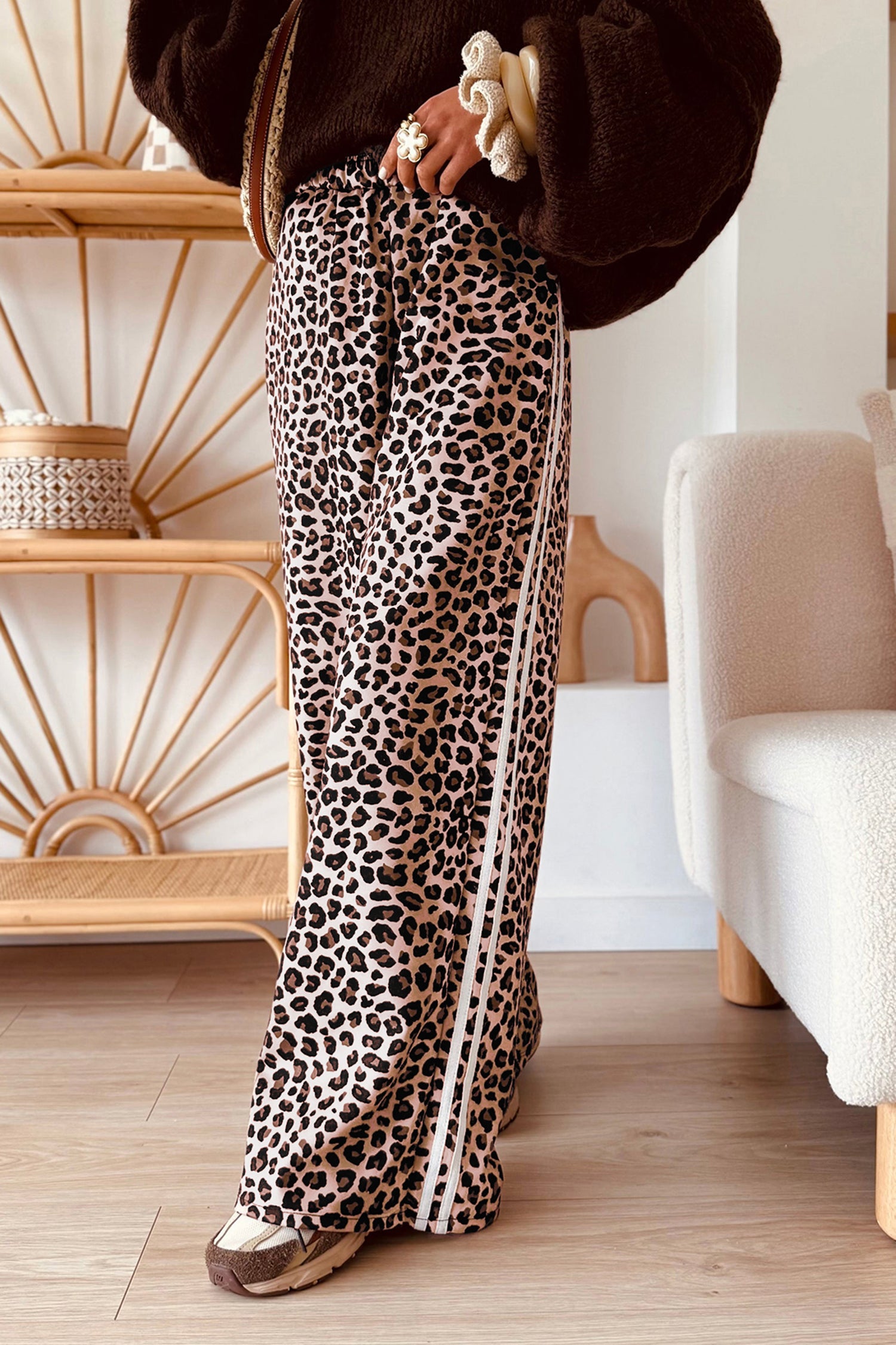 Beige Leopard Print Side Striped Detail Casual Wide Leg Pants 🇺🇸