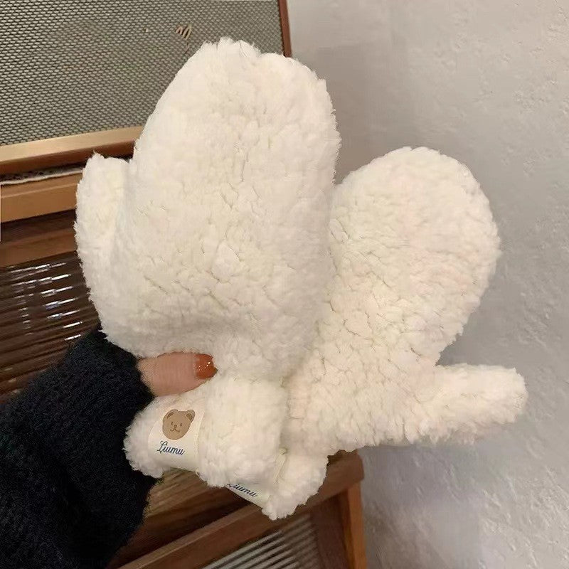 Winter Lambskin Bear Labeling Gloves Women's Halter 🇨🇳