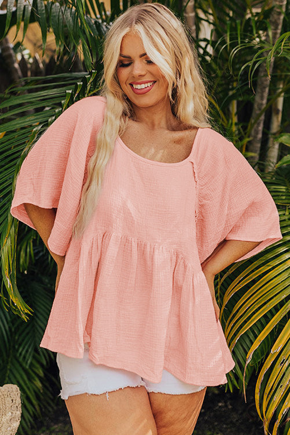 Apricot Pink Plus Size Textured Wide Short Sleeve Babydoll Blouse 🇨🇳