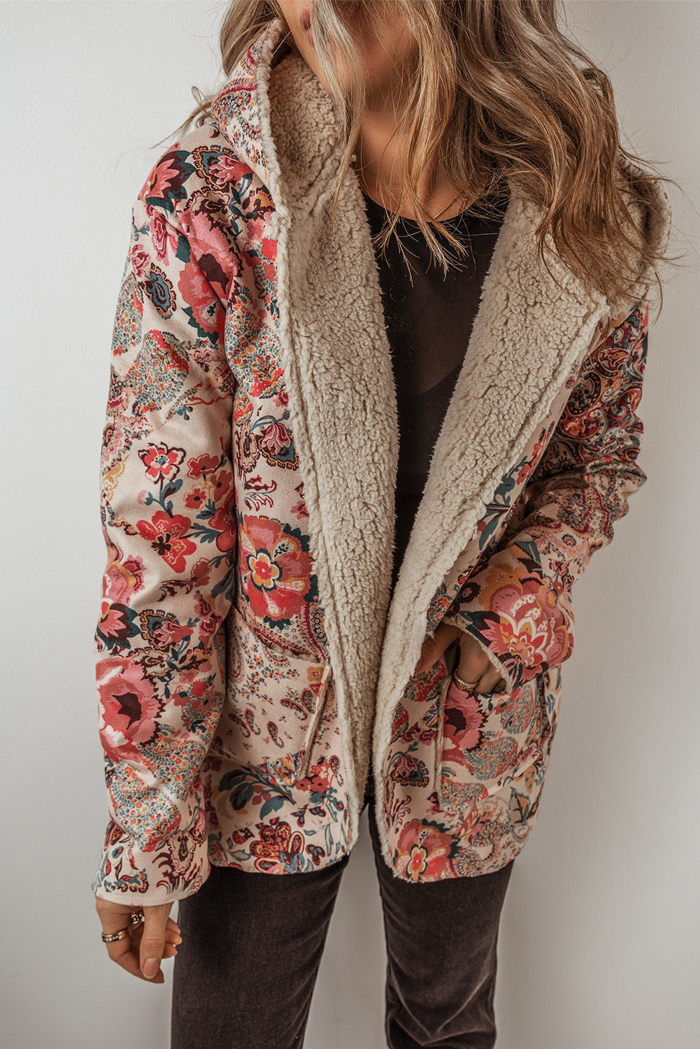 Beige Vintage Paisley Floral Printed Sherpa Lined Hooded Jacket 🇺🇲