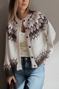 White Geometric Pattern Brushed Knit Button Cardigan 🇺🇸