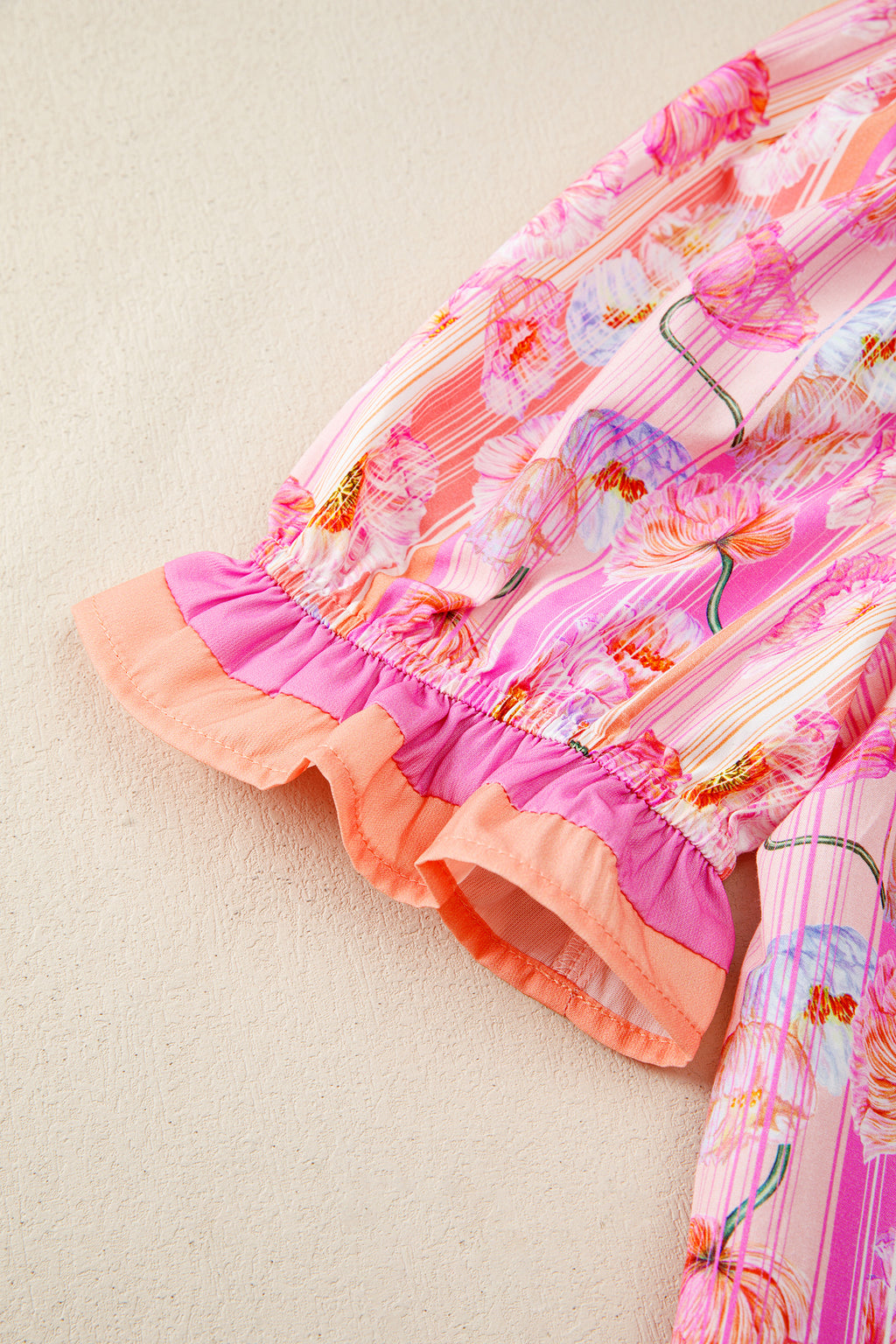 Pink Poppy Flower Striped Print Color Block Trim V Neck Short Sleeve Blouse 🇺🇸