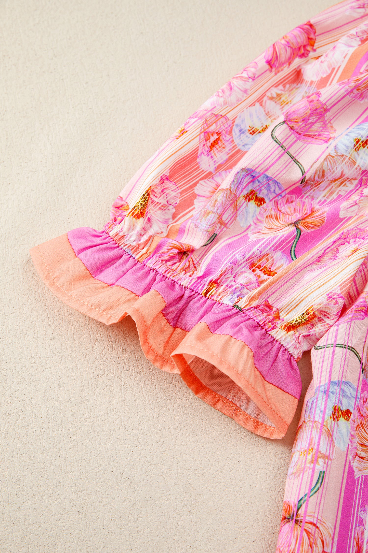 Pink Poppy Flower Striped Print Color Block Trim V Neck Short Sleeve Blouse 🇺🇸