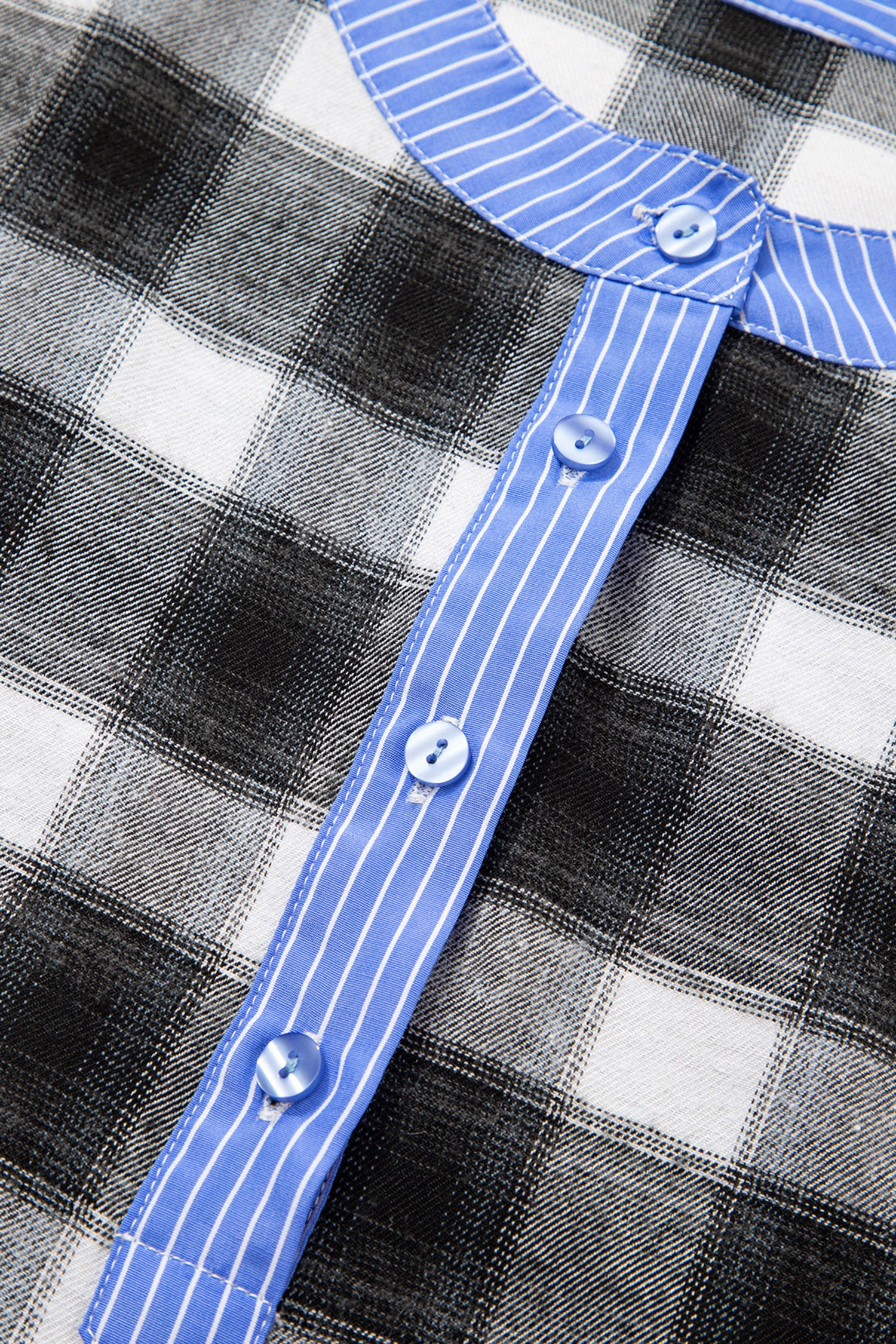 Black Contrast Striped Edge Half Placket Plaid Blouse 🇺🇸