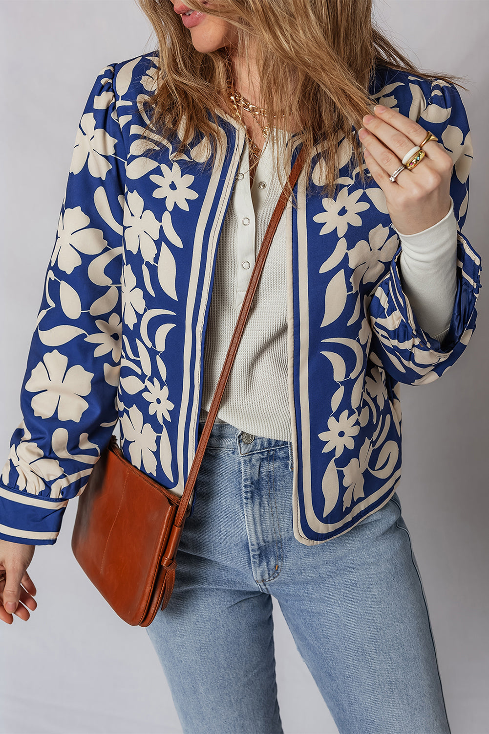 Blue Flower Print Open Front Buttoned Cuffs Elegant Jacket 🇺🇸