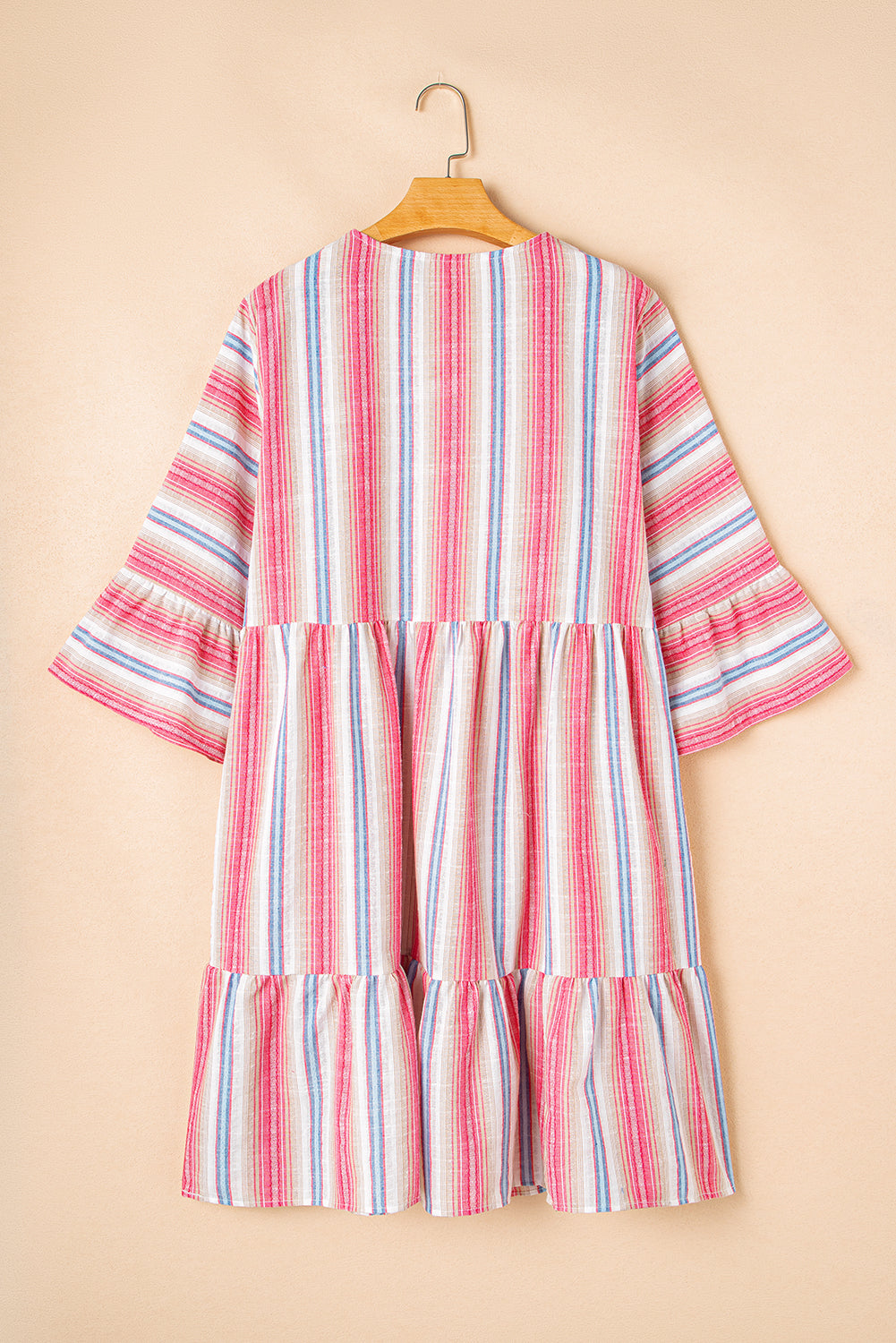 White Stripe Plus Size Embroidered Detail Flared 3/4 Sleeve V Neck Dress 🇺🇲