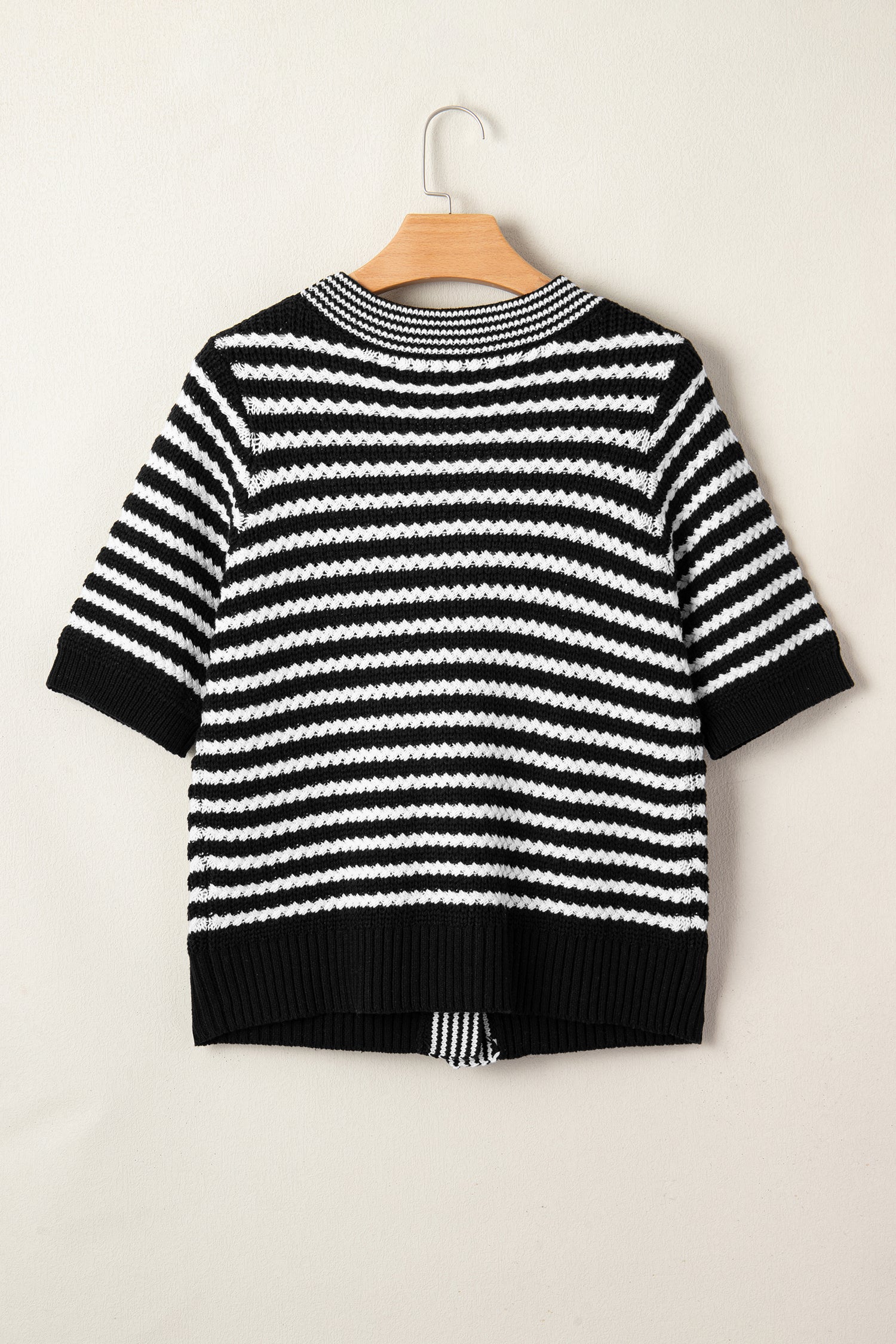 Black Stripe Short Sleeve Knit V Neck Bow Knot Sweater 🇺🇸
