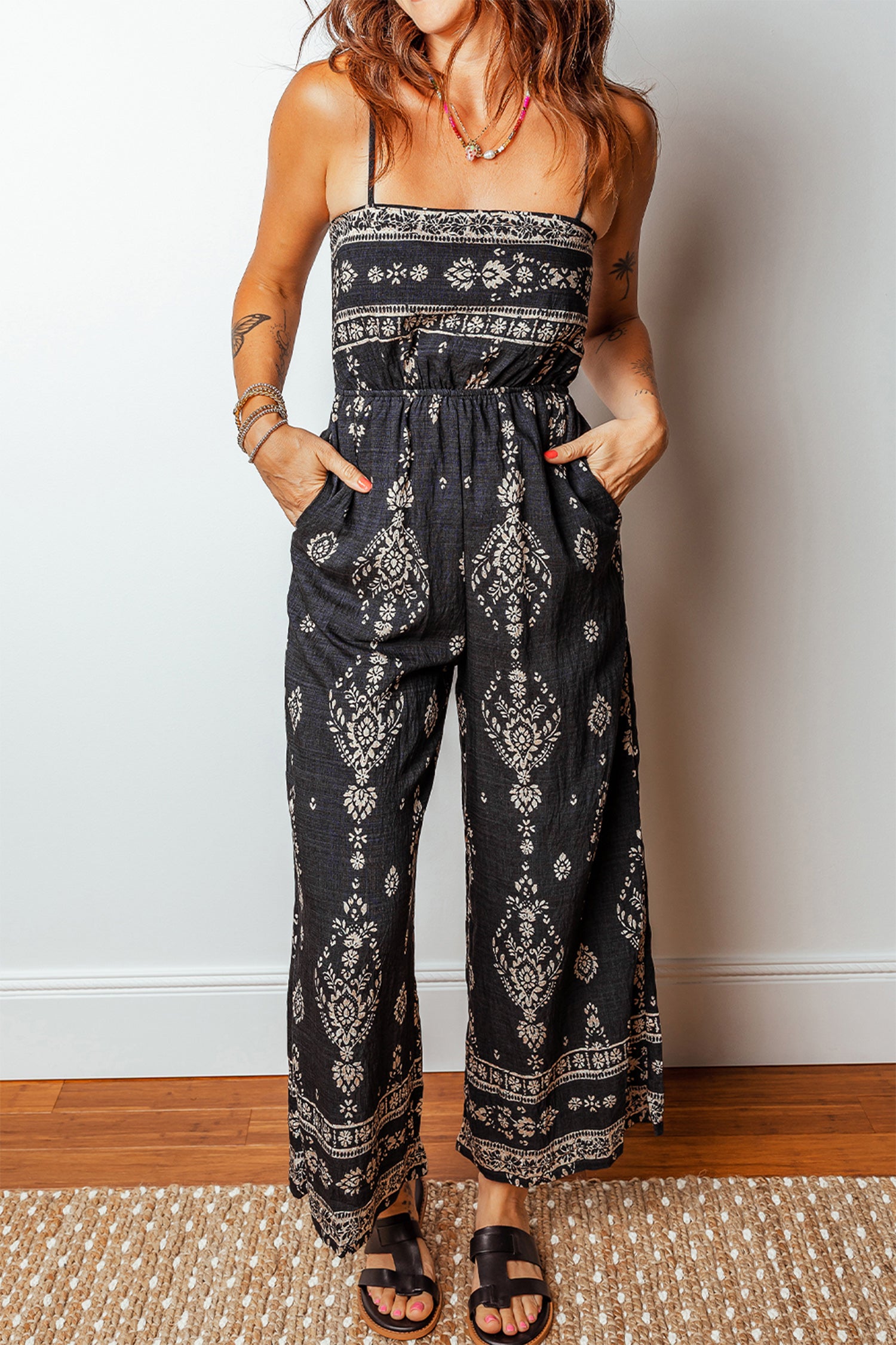 Black Spaghetti Straps Elastic Waist Loose Ethnic Print Jumpsuit 🇺🇸