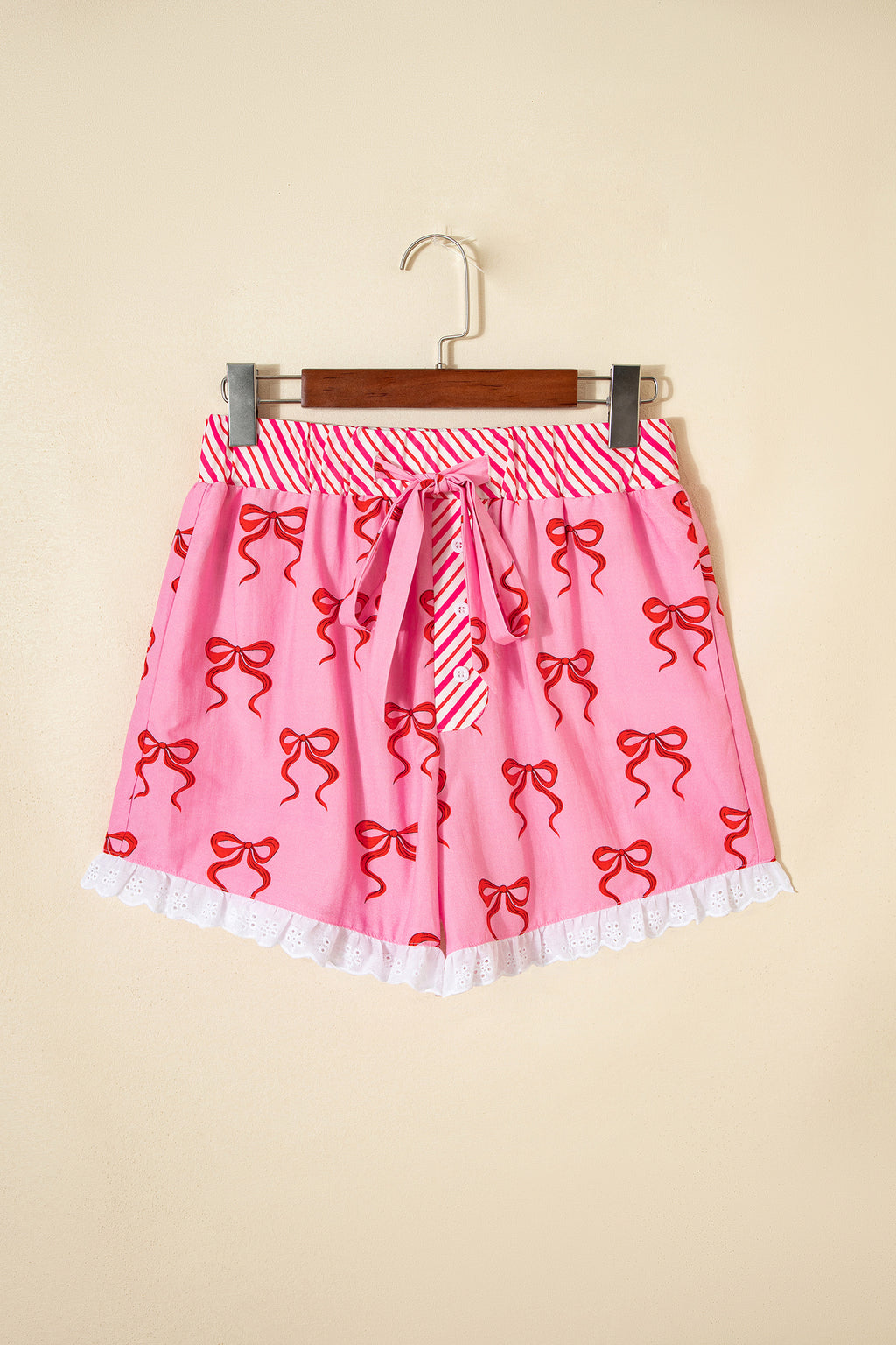 Pink Bow Print Striped Patchwork Elastic Waist Lace Trim Loose Shorts 🇺🇸