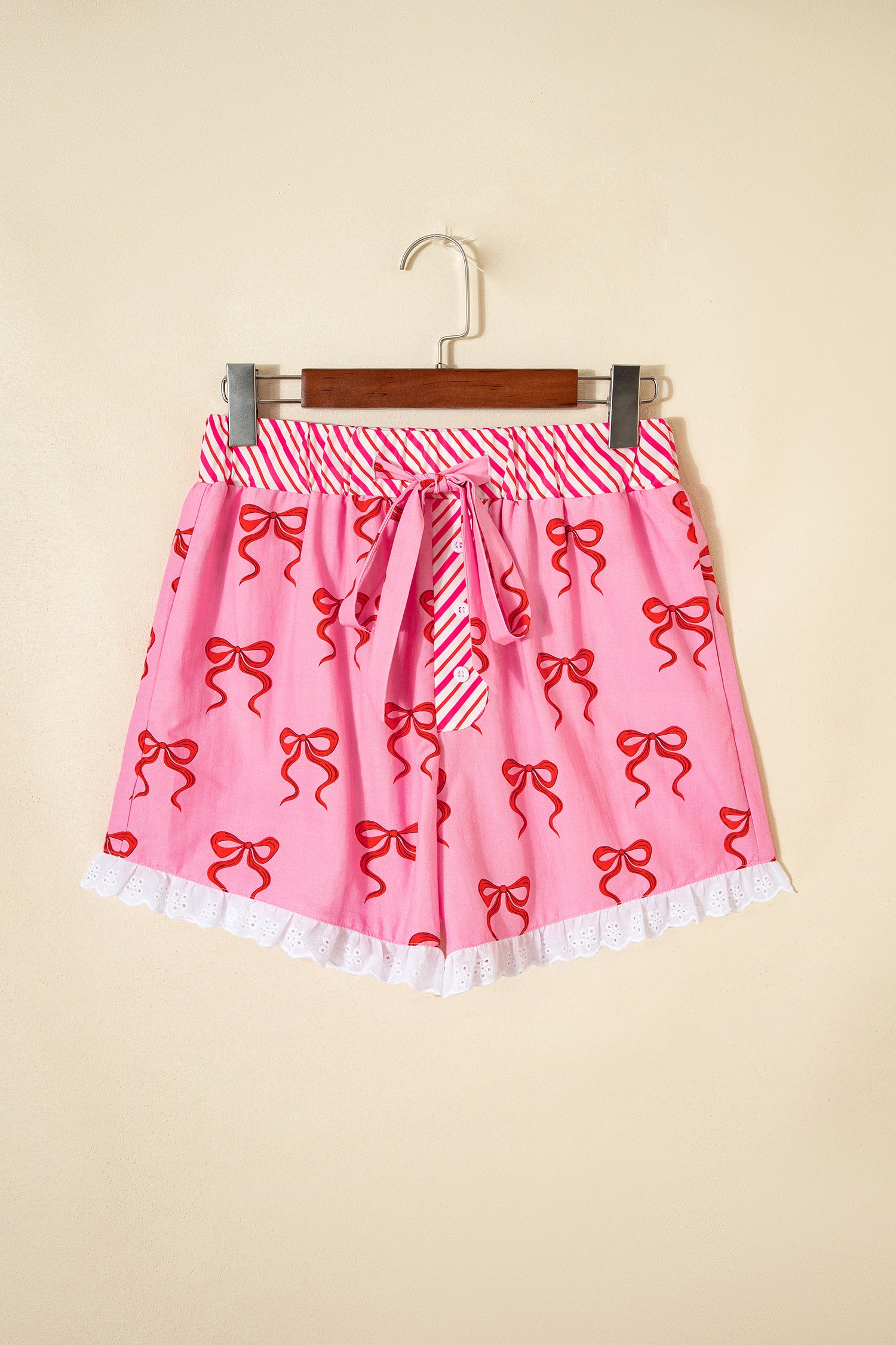 Pink Bow Print Striped Patchwork Elastic Waist Lace Trim Loose Shorts 🇺🇸