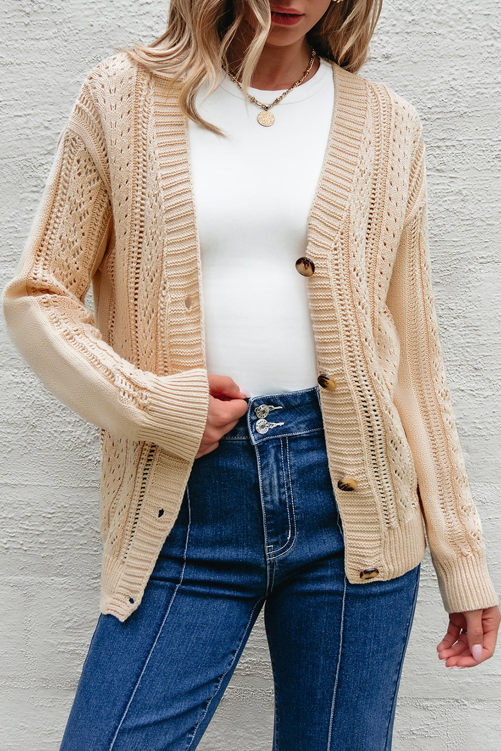 Beige Open Knit Drop Shoulder Sweater Cardigan 🇨🇳