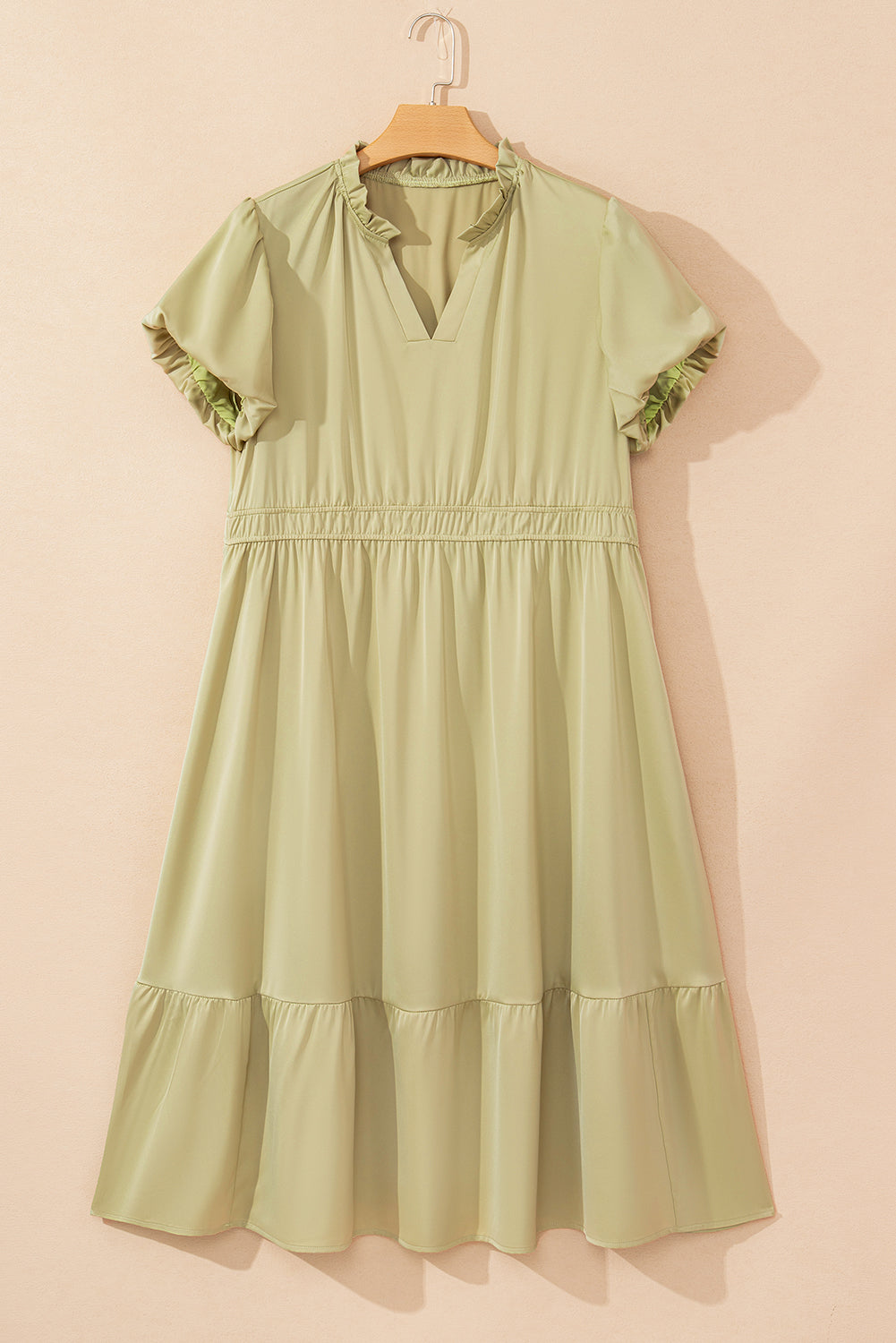 Laurel Green Notched V Neck Puff Sleeve Tiered Plus Size Maxi Dress 🇺🇲